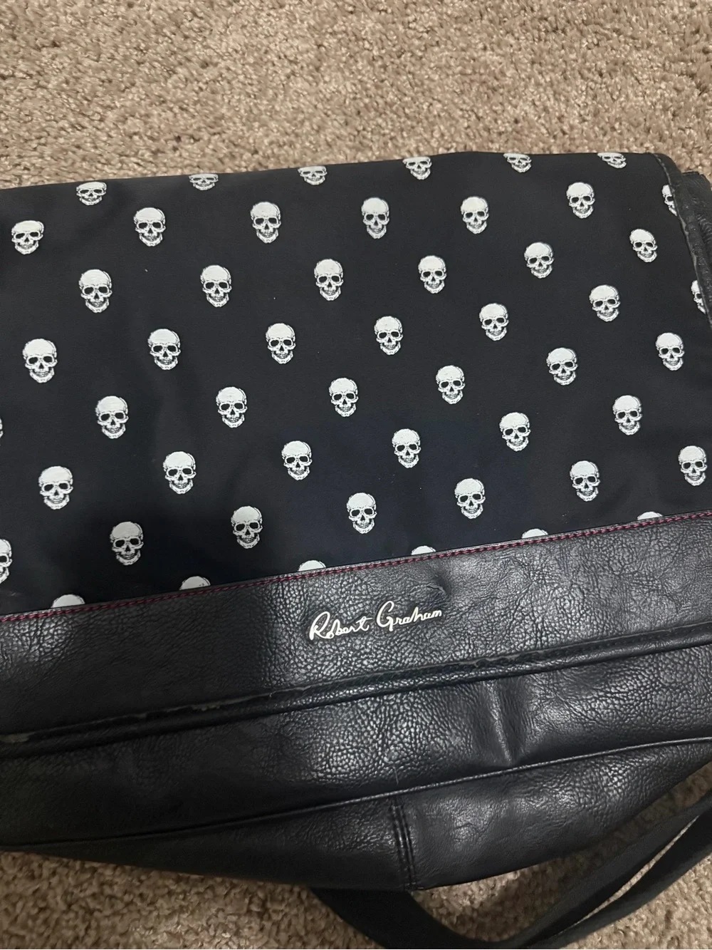 Robert Graham Black Messenger Bag with White Skull Print